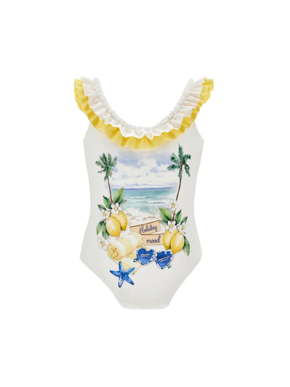 Costume intero per bambina Monnalisa bianco con stampa grafica 19G007 7038 0099 MONNALISA KIDS