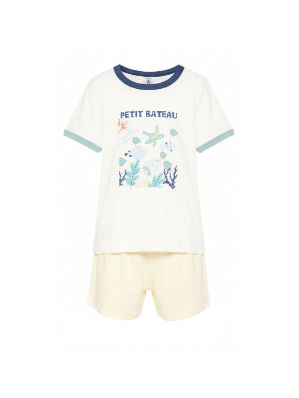 Pigiama per bambino Petit Bateau bianco con stampa grafica sul davanti A0FDG 01 PETIT BATEAU