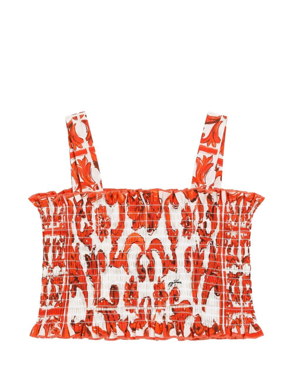 Top per bambina Dolce & Gabbana Kids arancione con motivo maiolica L51N78 G7P4J IR5DQ DOLCE & GABBANA KIDS