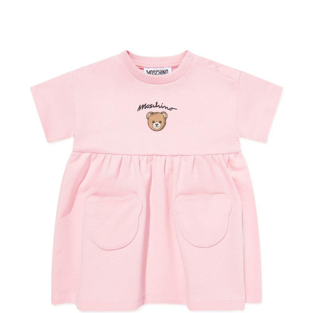 Abito per neonata Moschino Kids rosa con stampa Teddy Bear sul davanti MDV0DGLCA19 50209 MOSCHINO KIDS