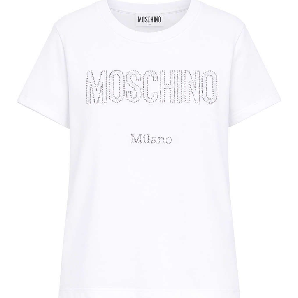 T-shirt per bambina Moschino Kids bianca con logo con strass HHM06KLBA10 10101 MOSCHINO KIDS