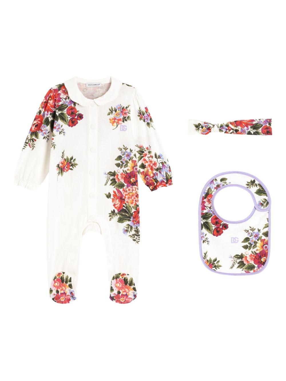 Set tutina, bavaglino e fascia per capelli per neonata Dolce & Gabbana Kids bianco con stampa a fiori L2JO5D II7J6 HA5ZO DOLCE & GABBANA KIDS