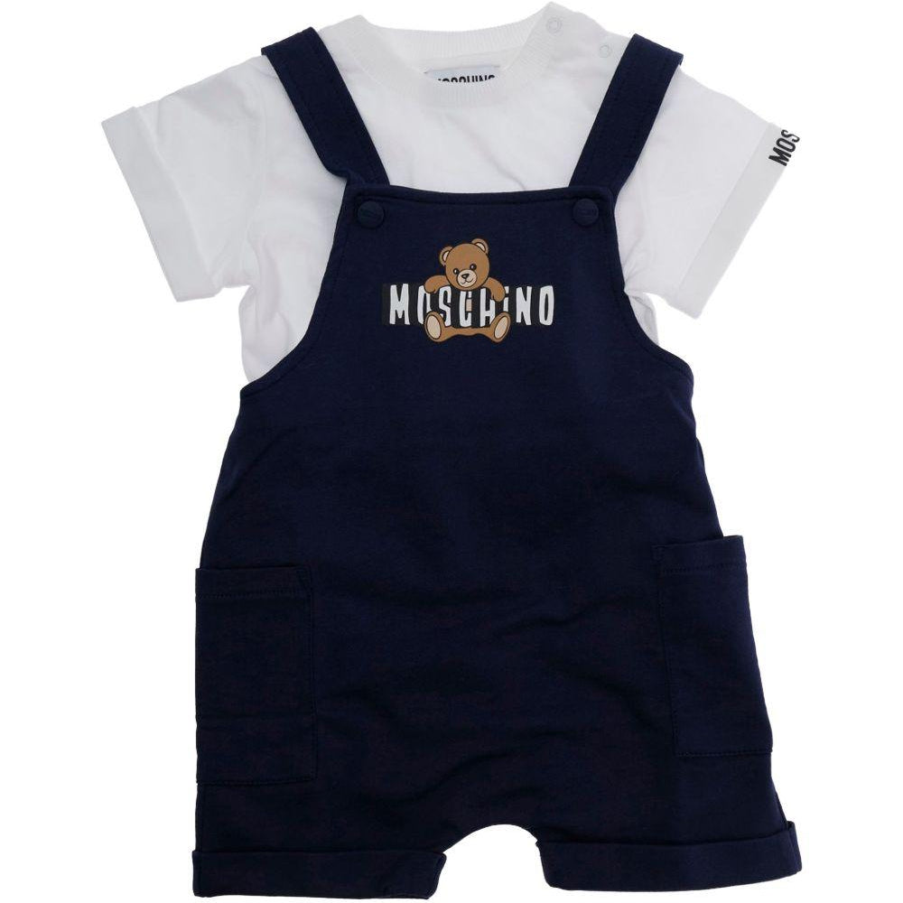 Set t-shirt e salopette per neonato Moschino Kids blu con stampa Teddy Bear MUG01TLCA19 83240 MOSCHINO KIDS