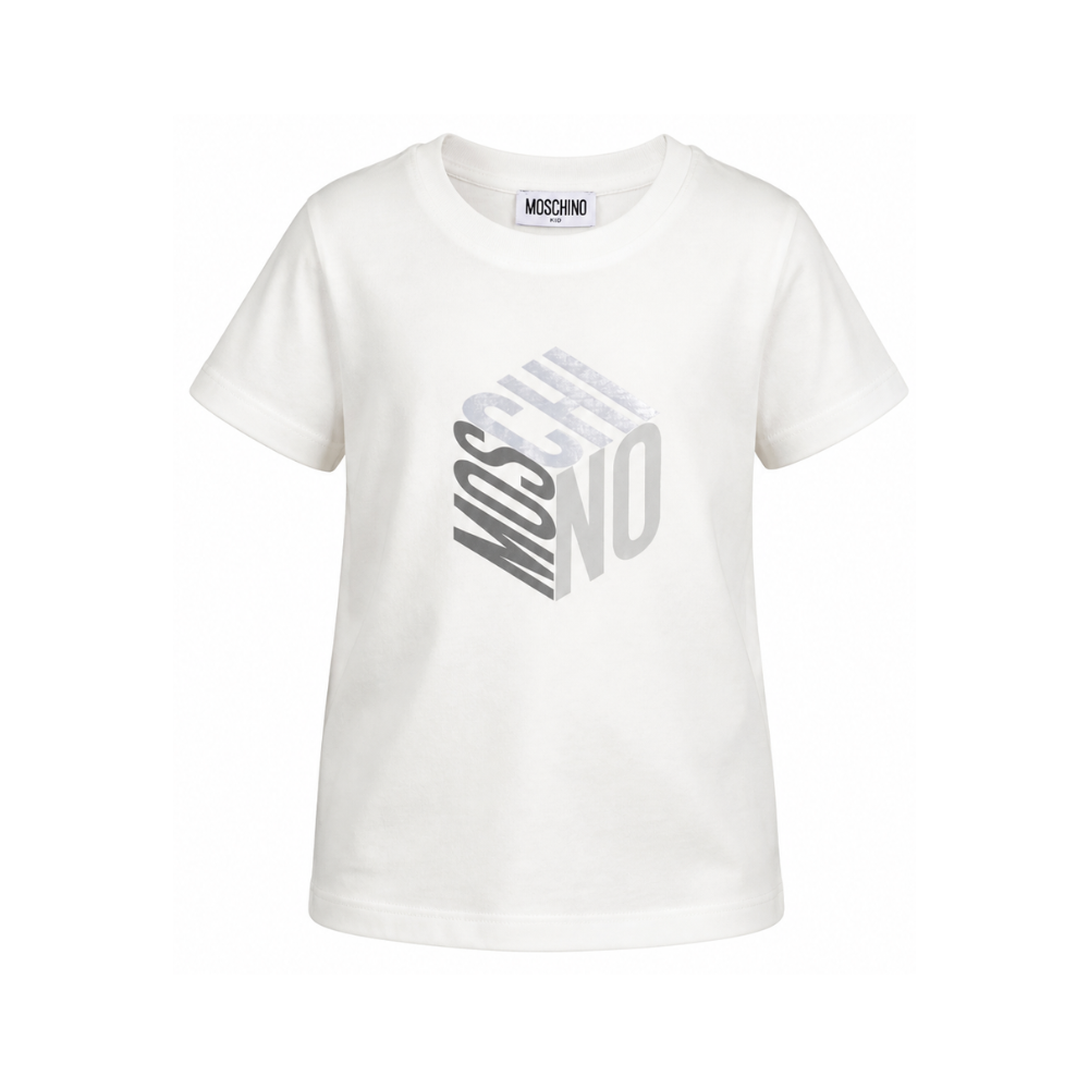 T-shirt per bambini Moschino Kids bianca con stampa grafica del logo HMM05VLAA57 10063 MOSCHINO KIDS