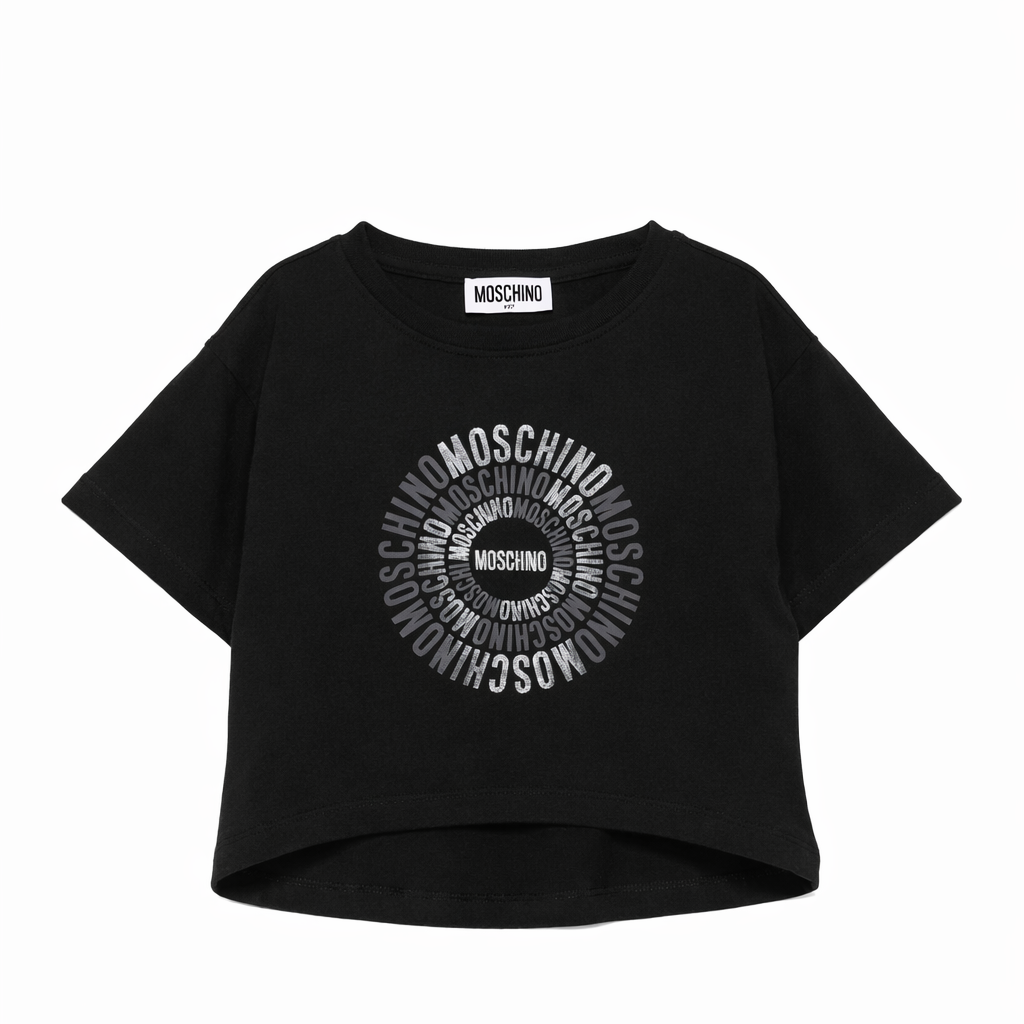 T-shirt per bambina Moschino Kids nera con logo sul davanti HDM070LAA02 60100 MOSCHINO KIDS