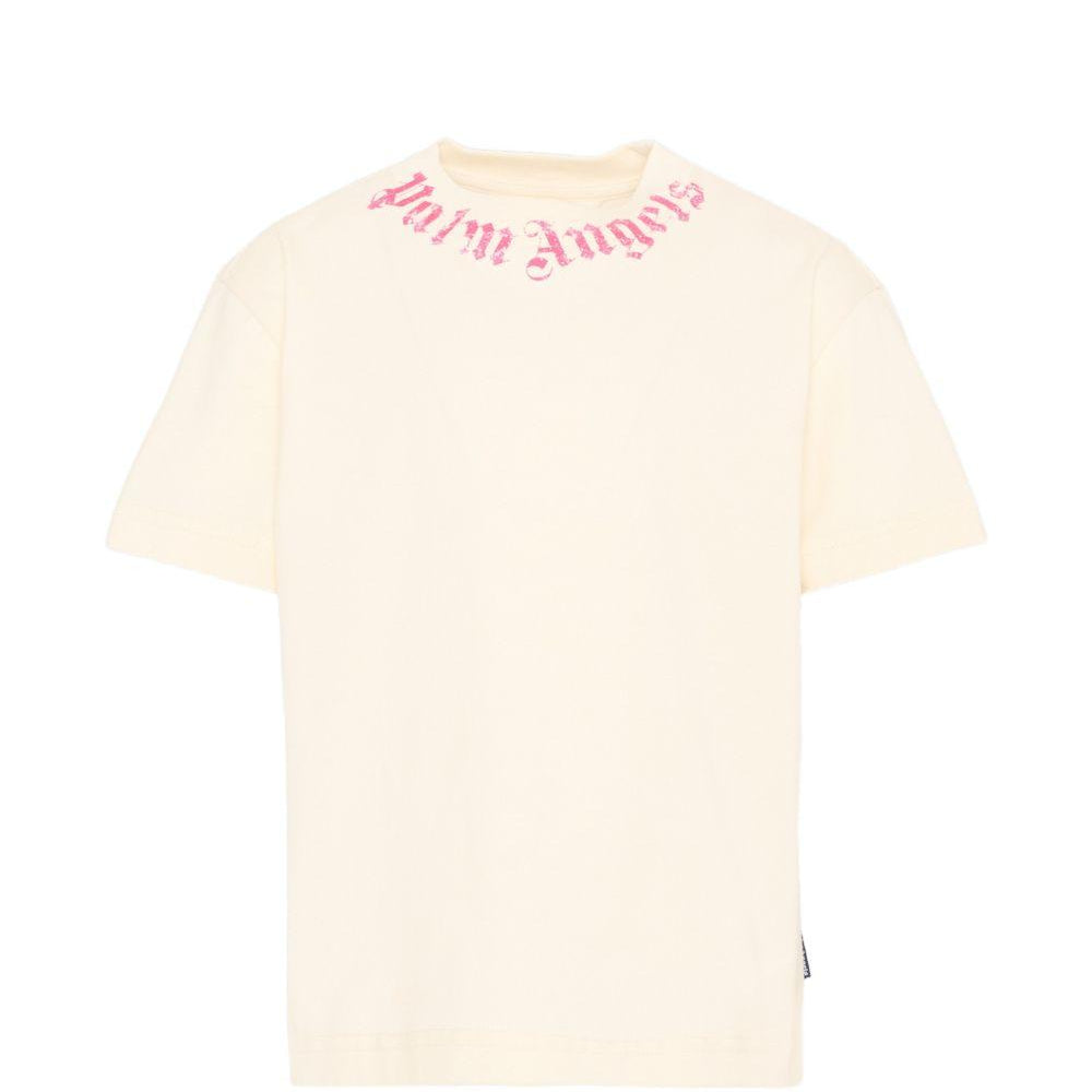 T-shirt per bambina Palm Angels Kids bianco con logo fucsia sul davanti PGAA002S26JER005 002 PALM ANGELS KIDS