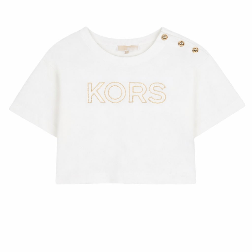 T-shirt per bambina Michael Kors Kids bianca con bottoni sulla spalla R30605 117 MICHAEL KORS KIDS