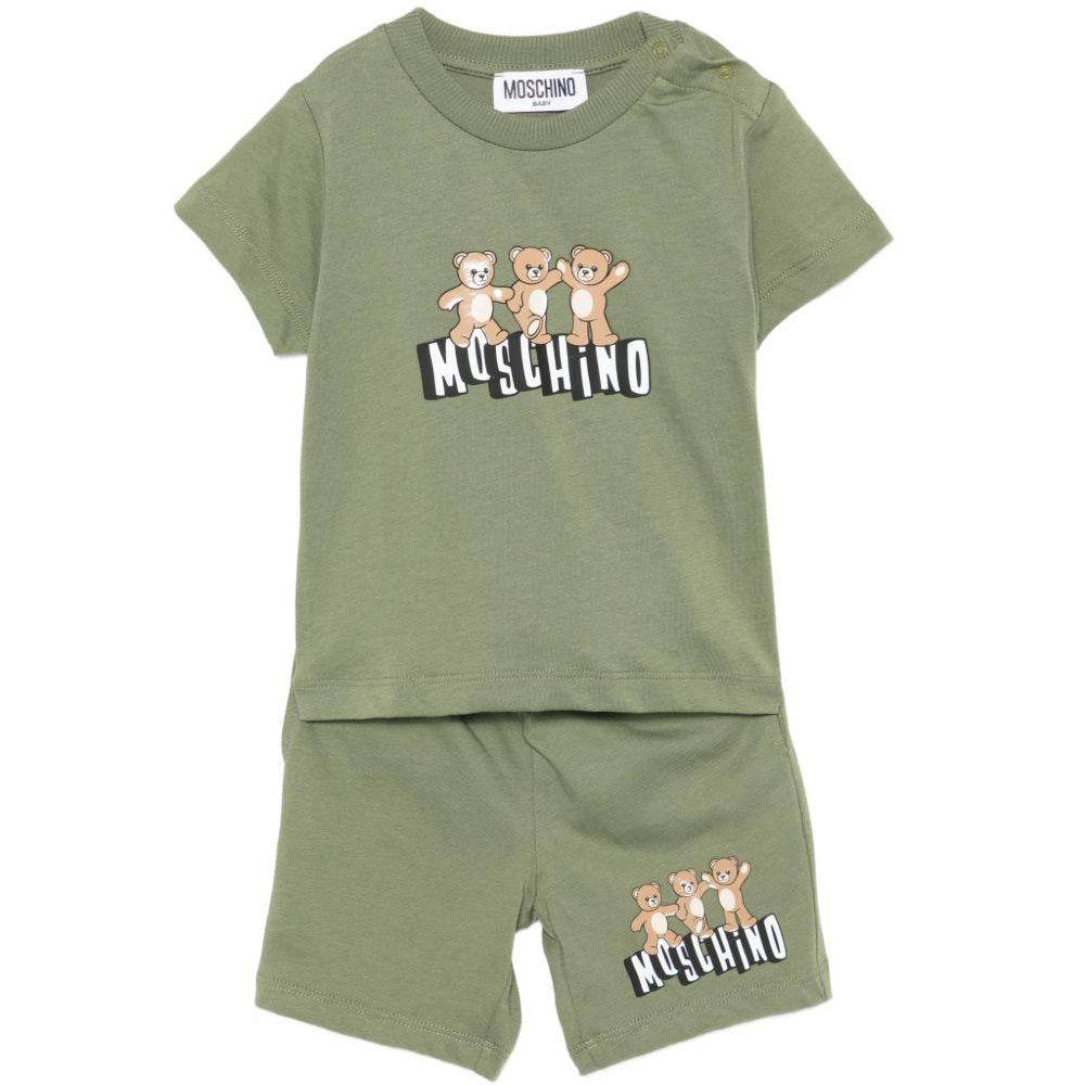 Set t-shirt e shorts per neonato Moschino Kids verde con stampa Teddy MXG00MLAA17 30037 MOSCHINO KIDS