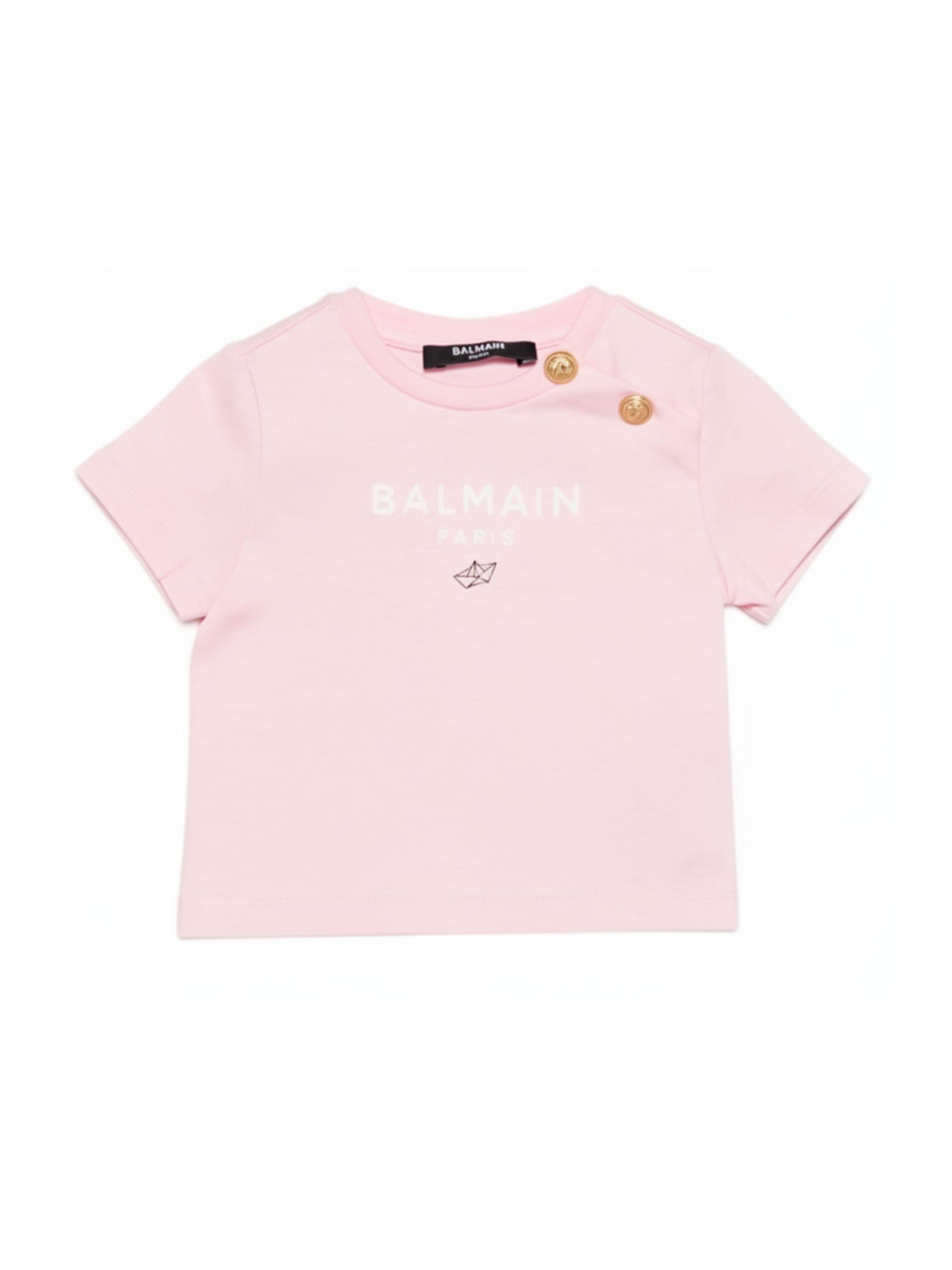 T-shirt per neonata Balmain Kids rosa con dettaglio bottoni oro BY8091 Z3672 51EBC BALMAIN KIDS