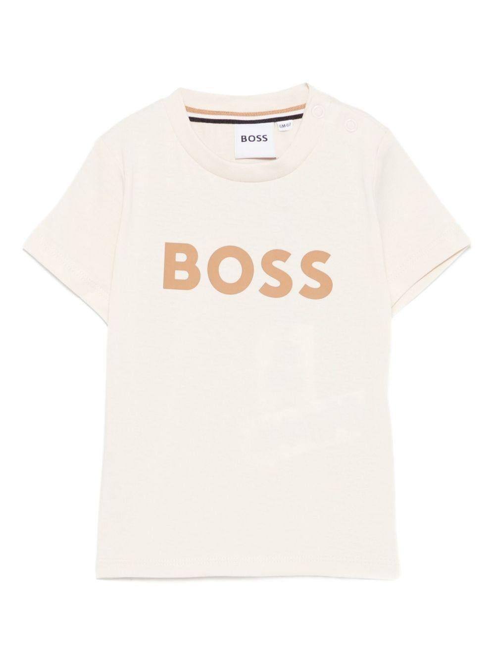 T-shirt per neonato Boss Kids beige con stampa logo sul davanti J52712 21C BOSS KIDS