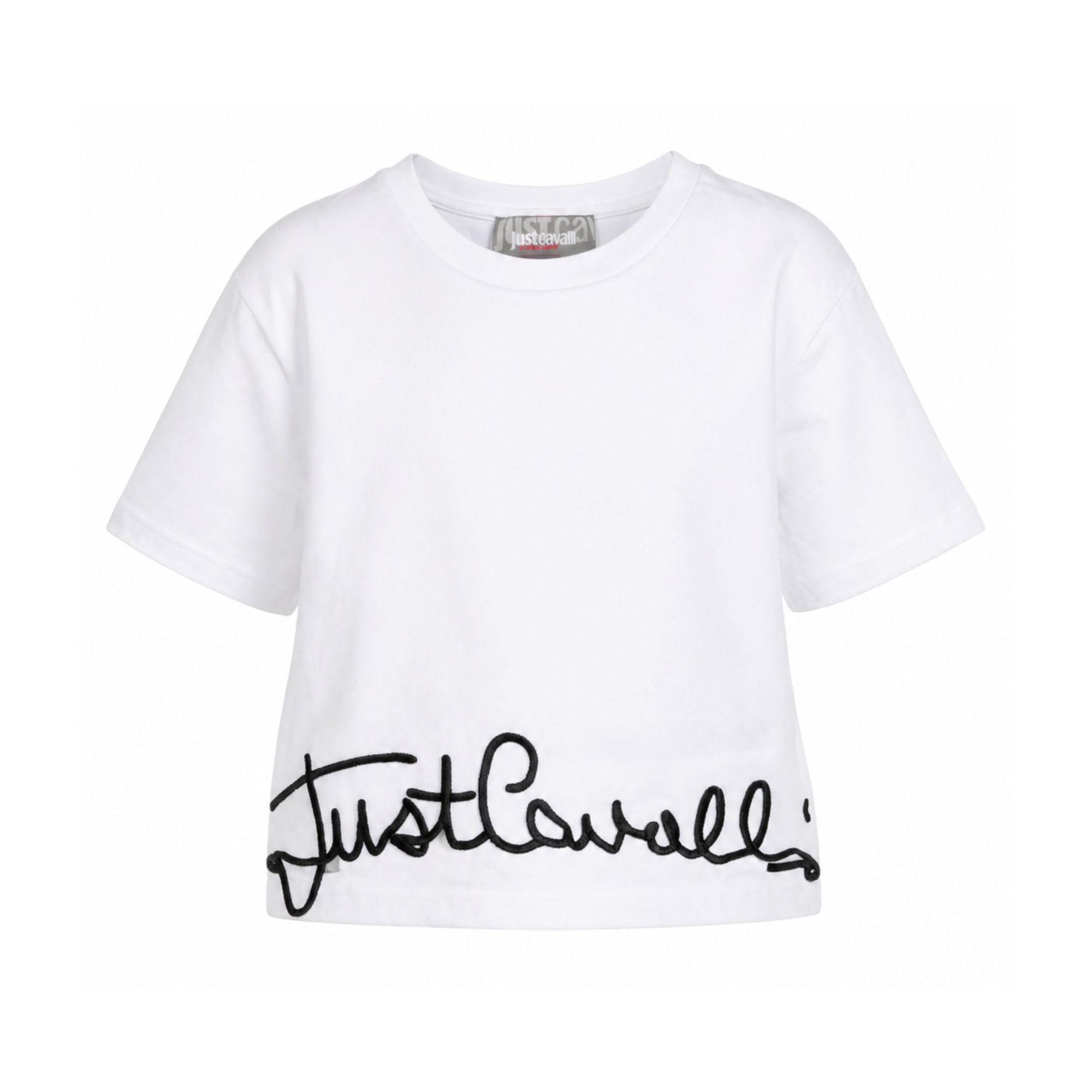 T-shirt per bambina Just Cavalli Kids bianca con logo sull'orlo JGP26084TS WHITE BLACK ROBERTO CAVALLI KIDS