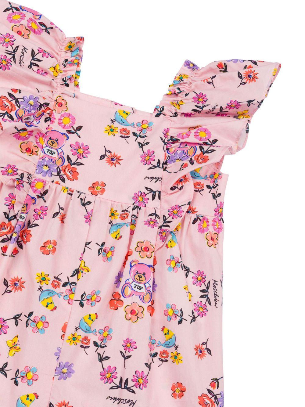 Tutina a fiori per neonata Moschino Kids rosa con scollo quadrato MDT019LLB42 83440 MOSCHINO KIDS
