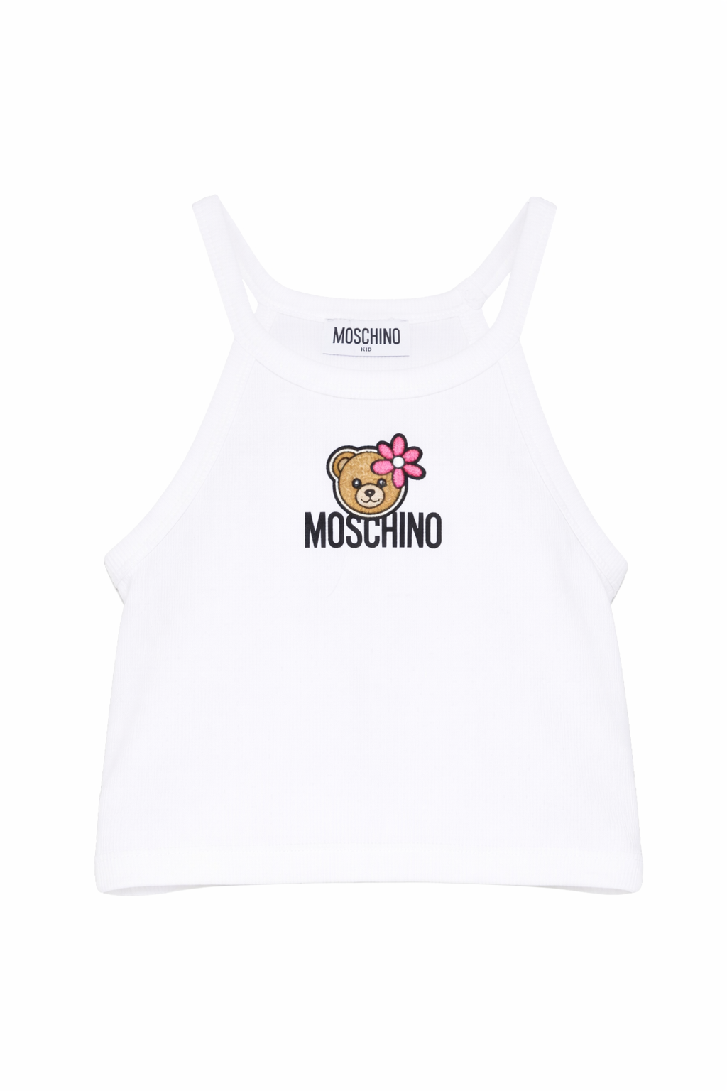 Top per bambina Moschino Kids bianca con stampa Teddy Bear con fiore HDM06ZLBA39 10101 MOSCHINO KIDS