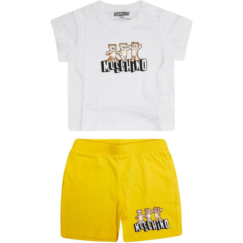 Set t-shirt e shorts per neonato Moschino Kids bianco e giallo con stampa Teddy Bear MXG00MLAA17 82673 MOSCHINO KIDS