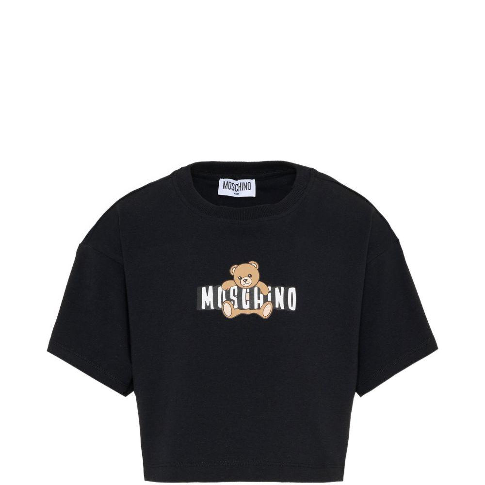 T-shirt per bambina Moschino Kids nera con stampa Teddy Bear HDM072LBA00 60100 MOSCHINO KIDS