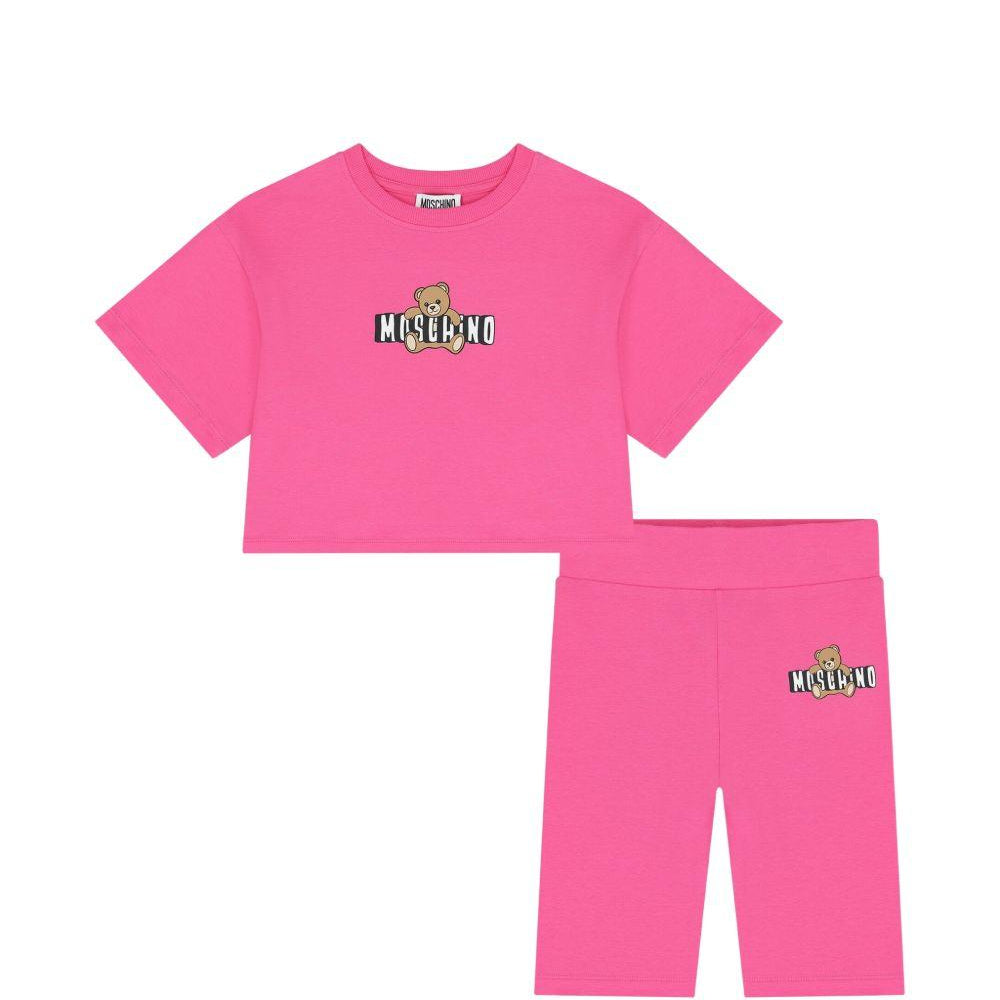 Set t-shirt e shorts per bambina Moschino Kids fucsia con stampa Teddy Bear HAG01HLBA00 50533 MOSCHINO KIDS