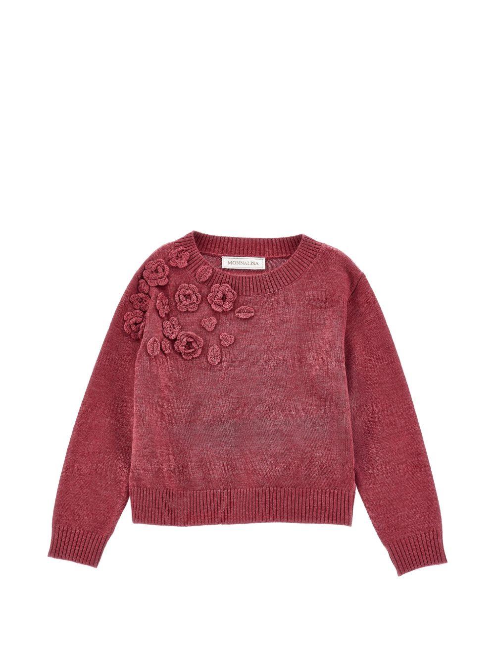 Maglione per bambina Monnalisa Kids rosa con ricamo fiori all'uncinetto sul davanti 17H602 8062 0098 MONNALISA KIDS