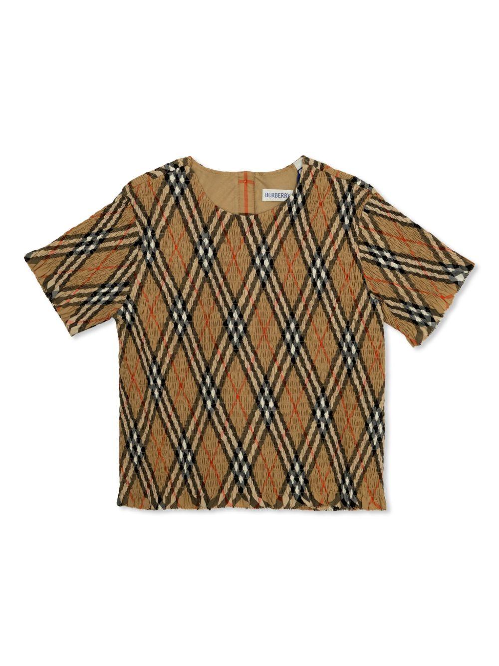 T-shirt per bambina Burberry Kids marrone a quadri con ruches 8100073 B9368 BURBERRY KIDS
