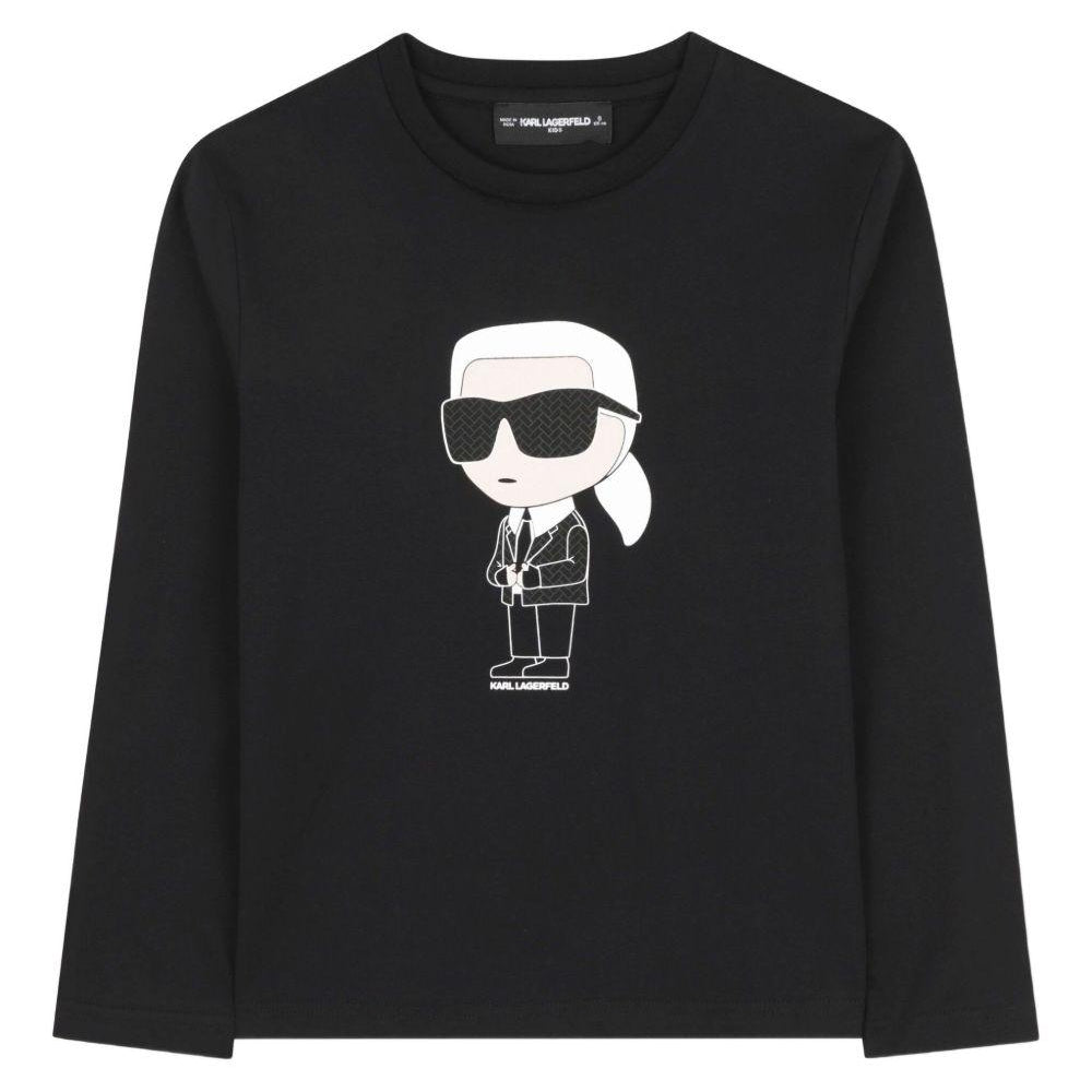 T-shirt per bambino Karl Lagerfeld Kids nera con stampa Ikonik Karl e dettagli con logo sulla pelle Z30953 09B KARL LAGERFELD KIDS