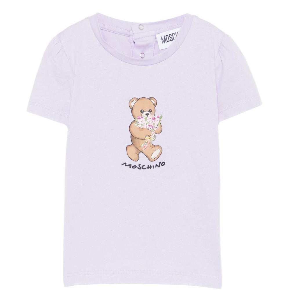 T-shirt per neonata Moschino Kids viola con stampa Teddy con mazzo di fiori MDM03NLAA02 51683 MOSCHINO KIDS