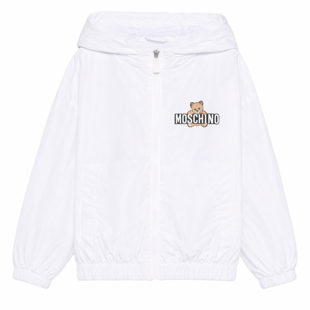 Giubbino per bambini Moschino Kids bianca con stampa Teddy Bear sul davanti HUS05KL3A39 10101 MOSCHINO KIDS