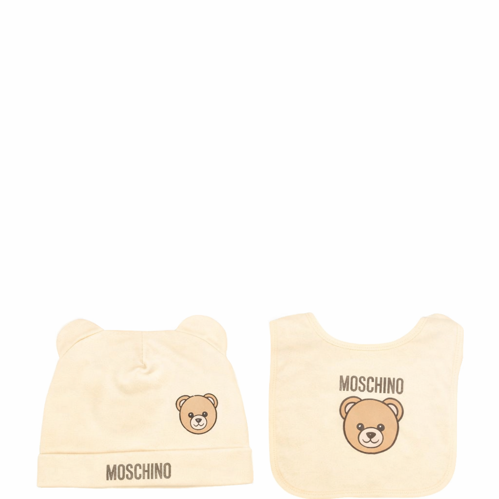 Set berretto e bavaglino Moschino Kids beige con stampa MUY08KLCA40 20404 MOSCHINO KIDS