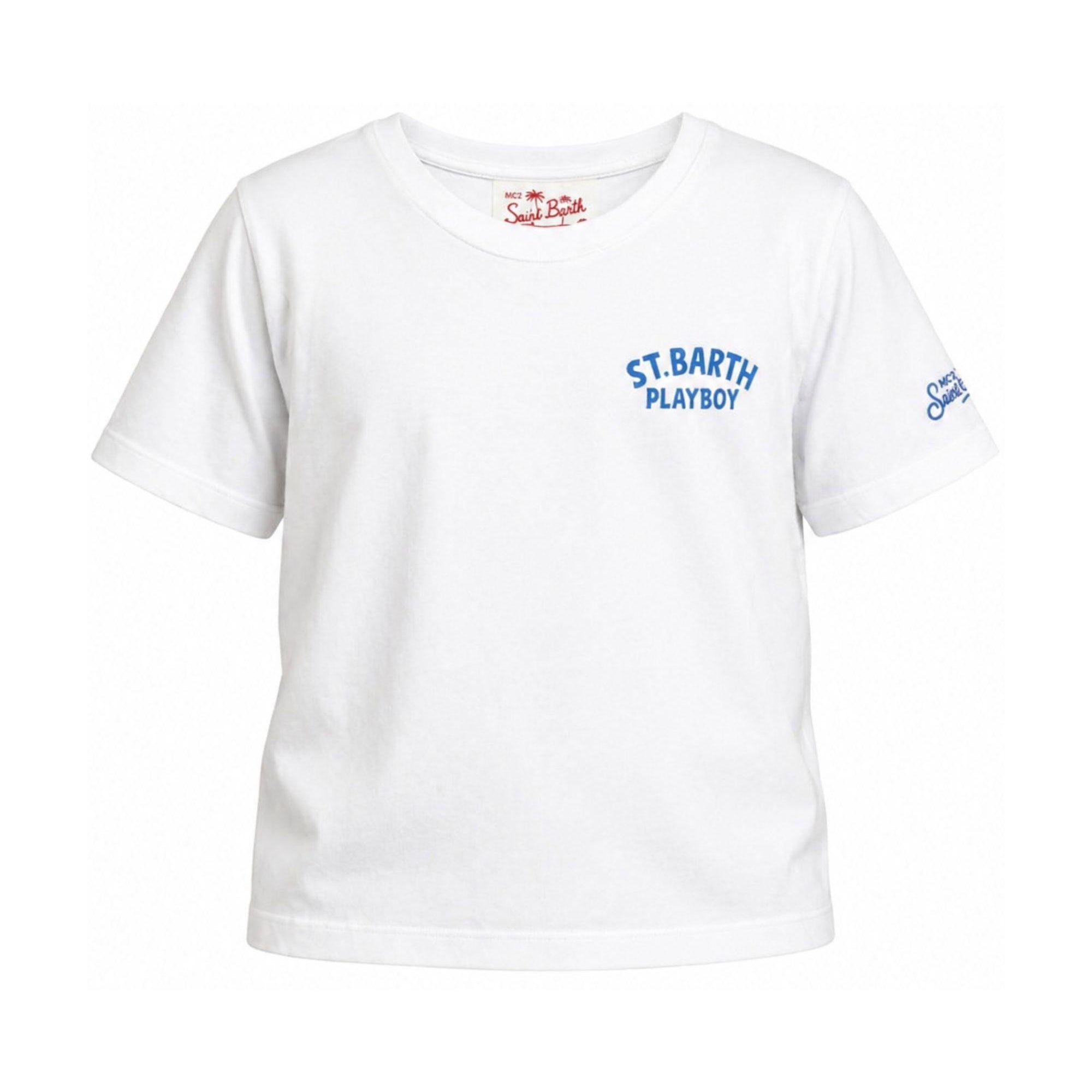 T-shirt per bambino MC2 Saint Barth Kids bianca con scritta "St. Barth Playboy" sul davanti PRL0001 00319L MC2 ST. BARTH KIDS