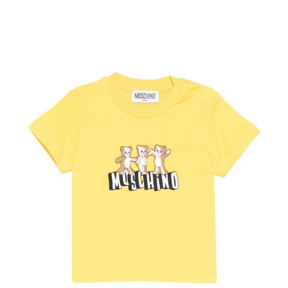 T-shirt per neonati Moschino Kids gialla con stampa grafica con tre Teddy Bear MUM04KLAA17 50577 MOSCHINO KIDS