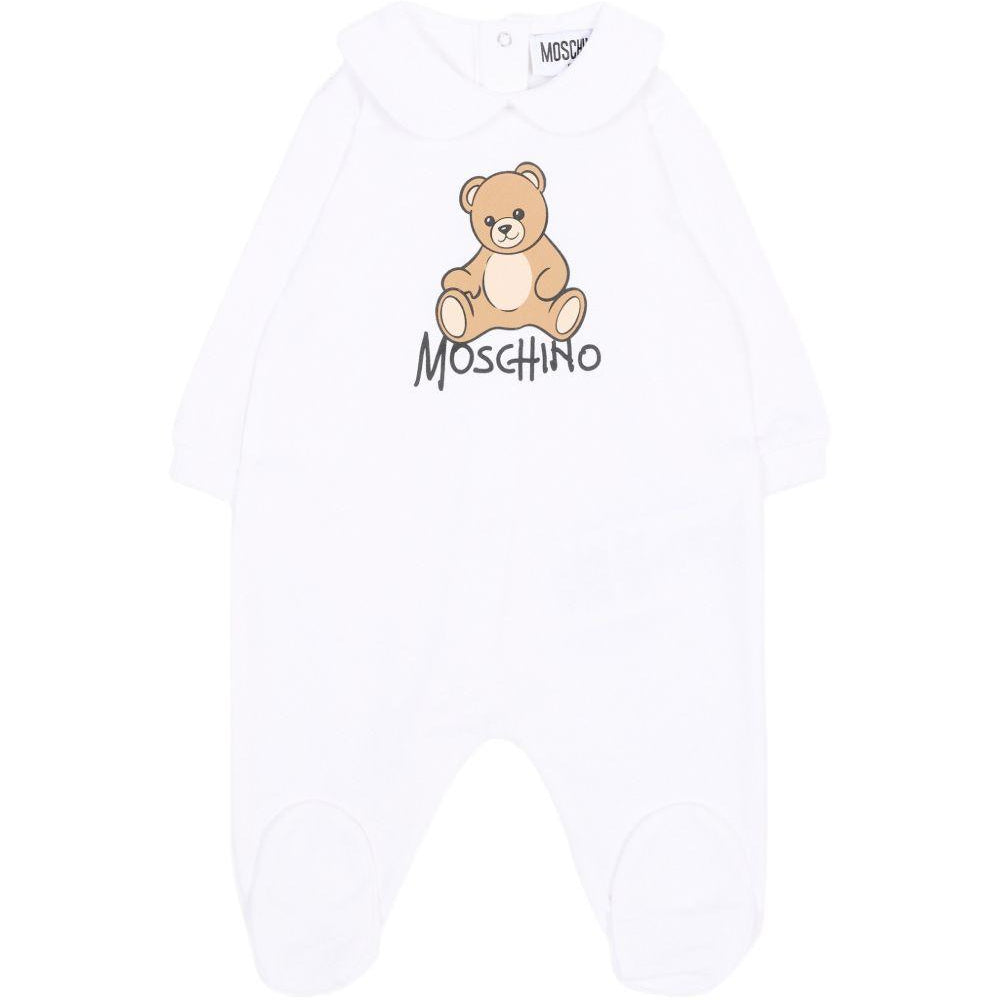 Tutina per neonati Moschino Kids bianca con dettaglio Teddy Bear M5Y037LCA40 10101 MOSCHINO KIDS