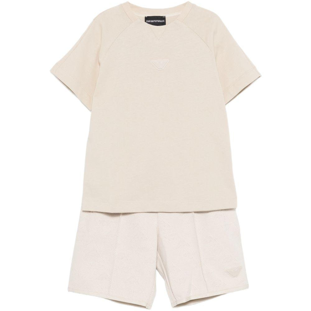 Set t-shirt e shorts per bambino Emporio Armani Kids beige con applicazione logo sul davanti EB001621 AF13715 M1399 EMPORIO ARMANI KIDS