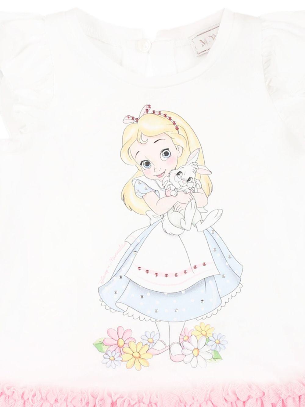 Abito in cotone per neonata Monnalisa bianco con stampa Alice 39E905 5002 9990 MONNALISA