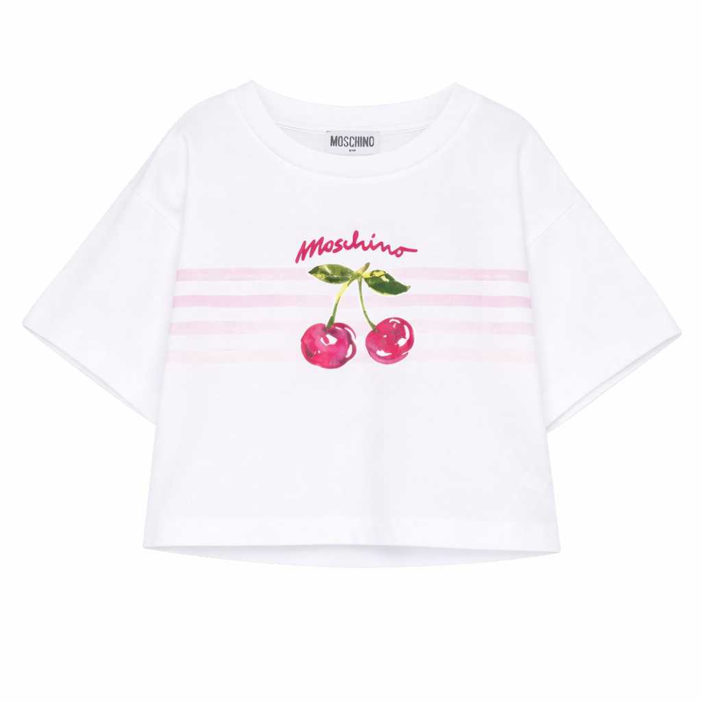 T-shirt per bambina Moschino Kids bianca con stampa ciliegie HDM06YLAA02 10101 MOSCHINO KIDS