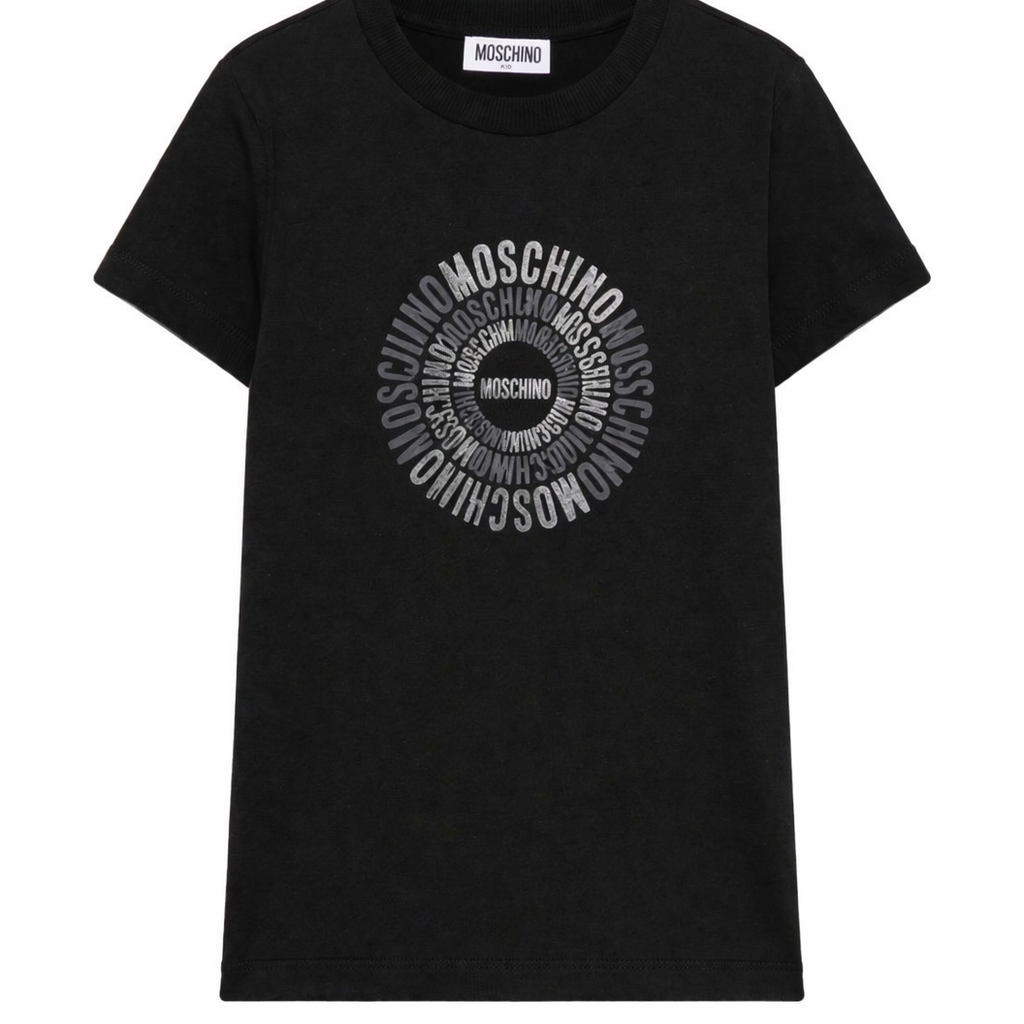 T-shirt per bambini Moschino Kids nera con logo a spirale sul davanti HXM058LAA02 60100 MOSCHINO KIDS