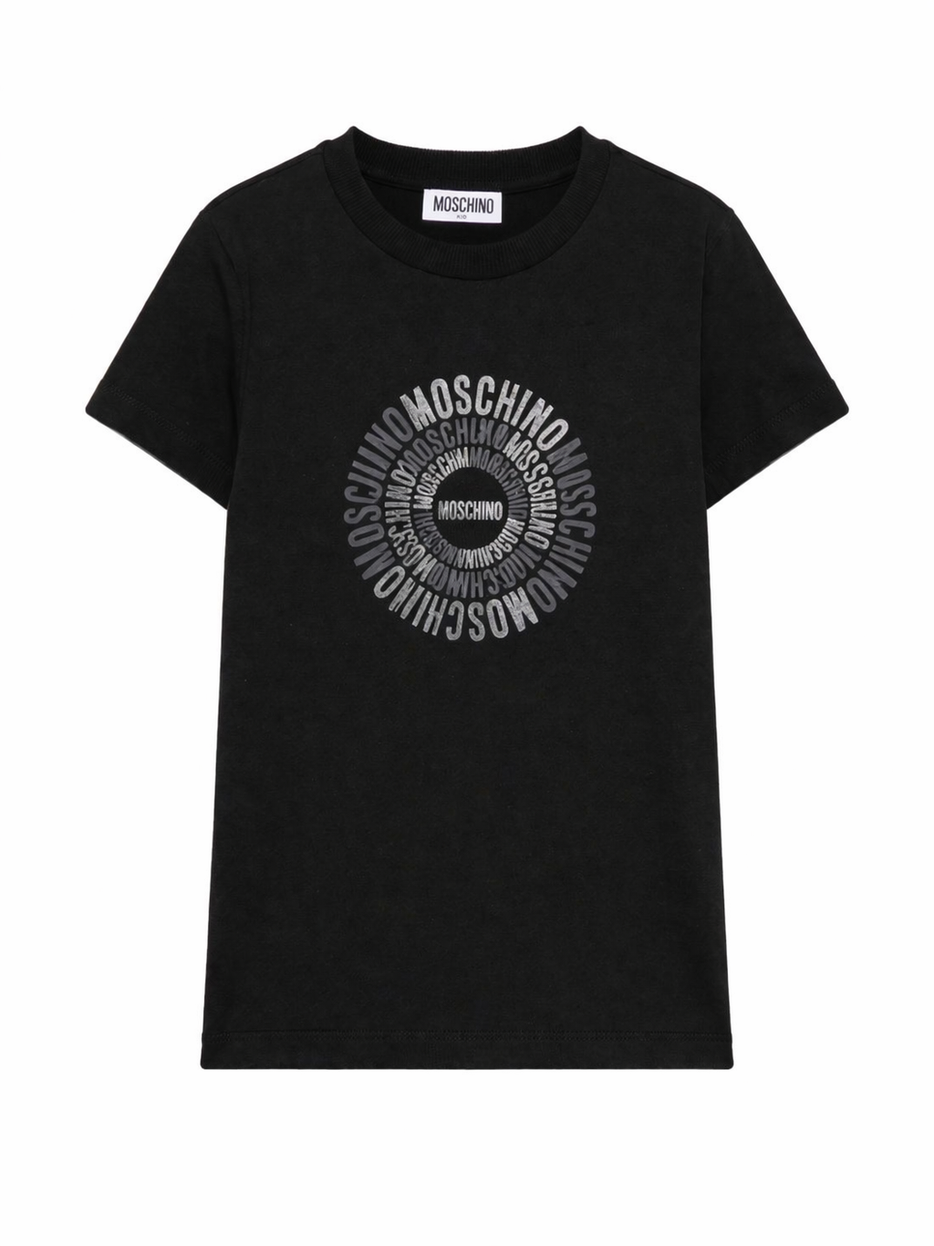 T-shirt per bambini Moschino Kids nera con logo a spirale sul davanti HXM058LAA02 60100 MOSCHINO KIDS
