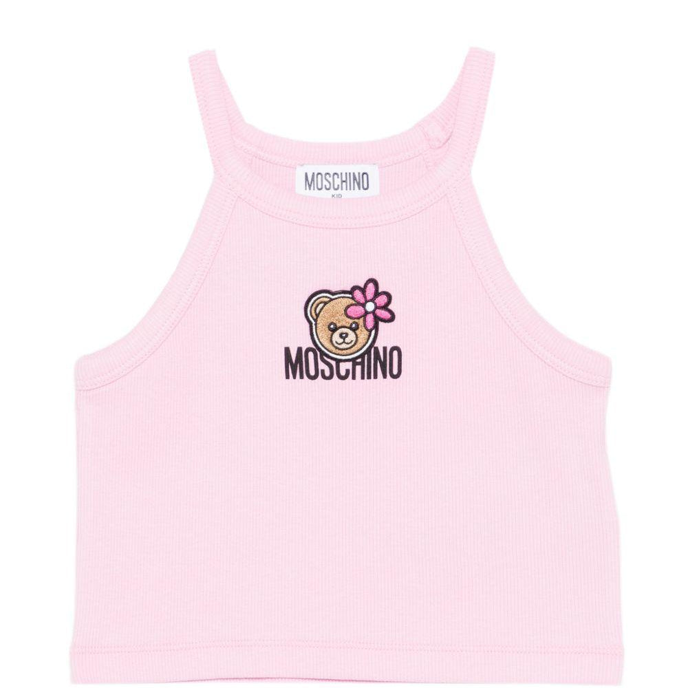 Top per bambina Moschino Kids rosa con stampa Teddy Bear con fiore HDM06ZLBA39 51473 MOSCHINO KIDS