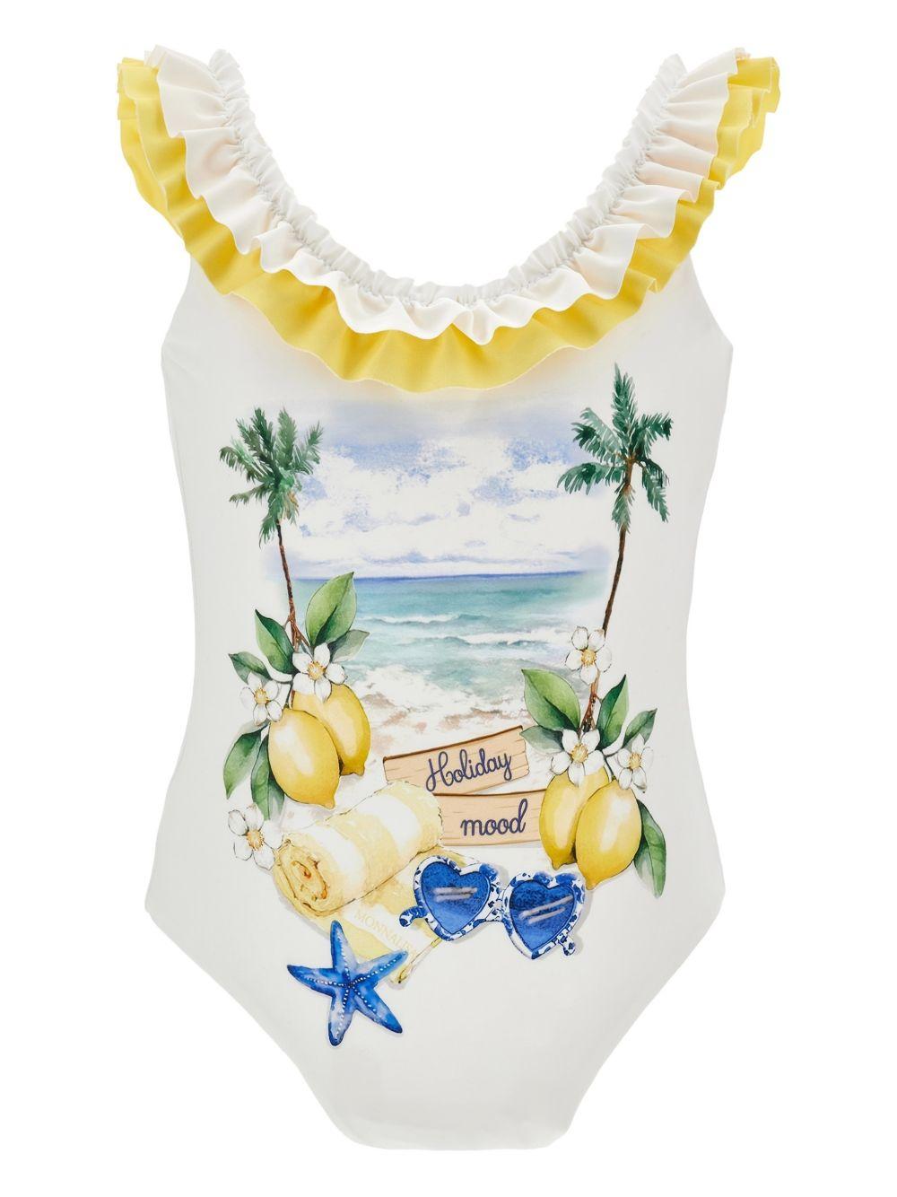 Costume intero per bambina Monnalisa bianco con stampa grafica 19G007 7038 0099 MONNALISA KIDS