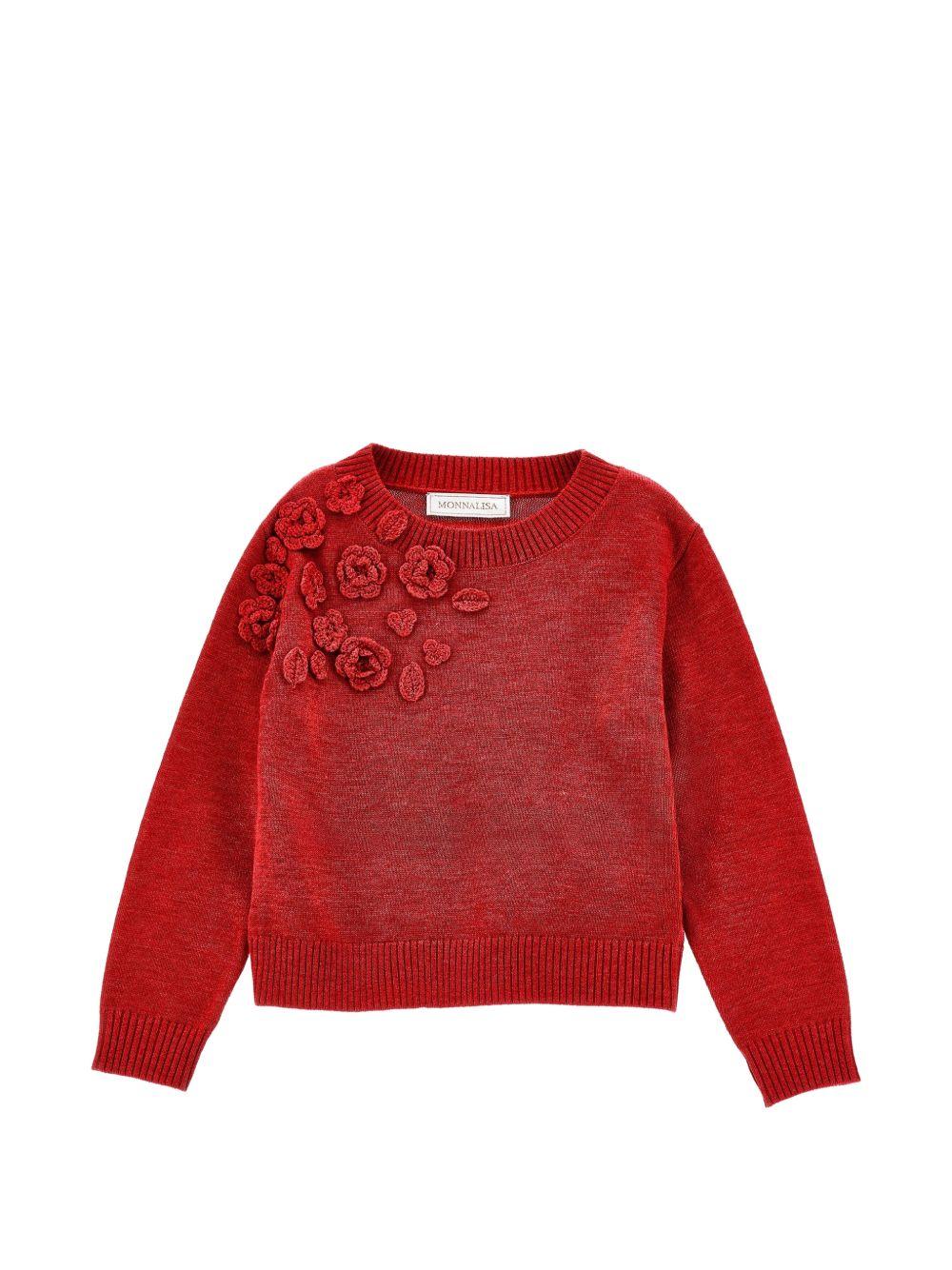 Maglione per bambina Monnalisa Kids rosso con ricamo fiori all'uncinetto sul davanti 17H602 8062 0043 MONNALISA KIDS
