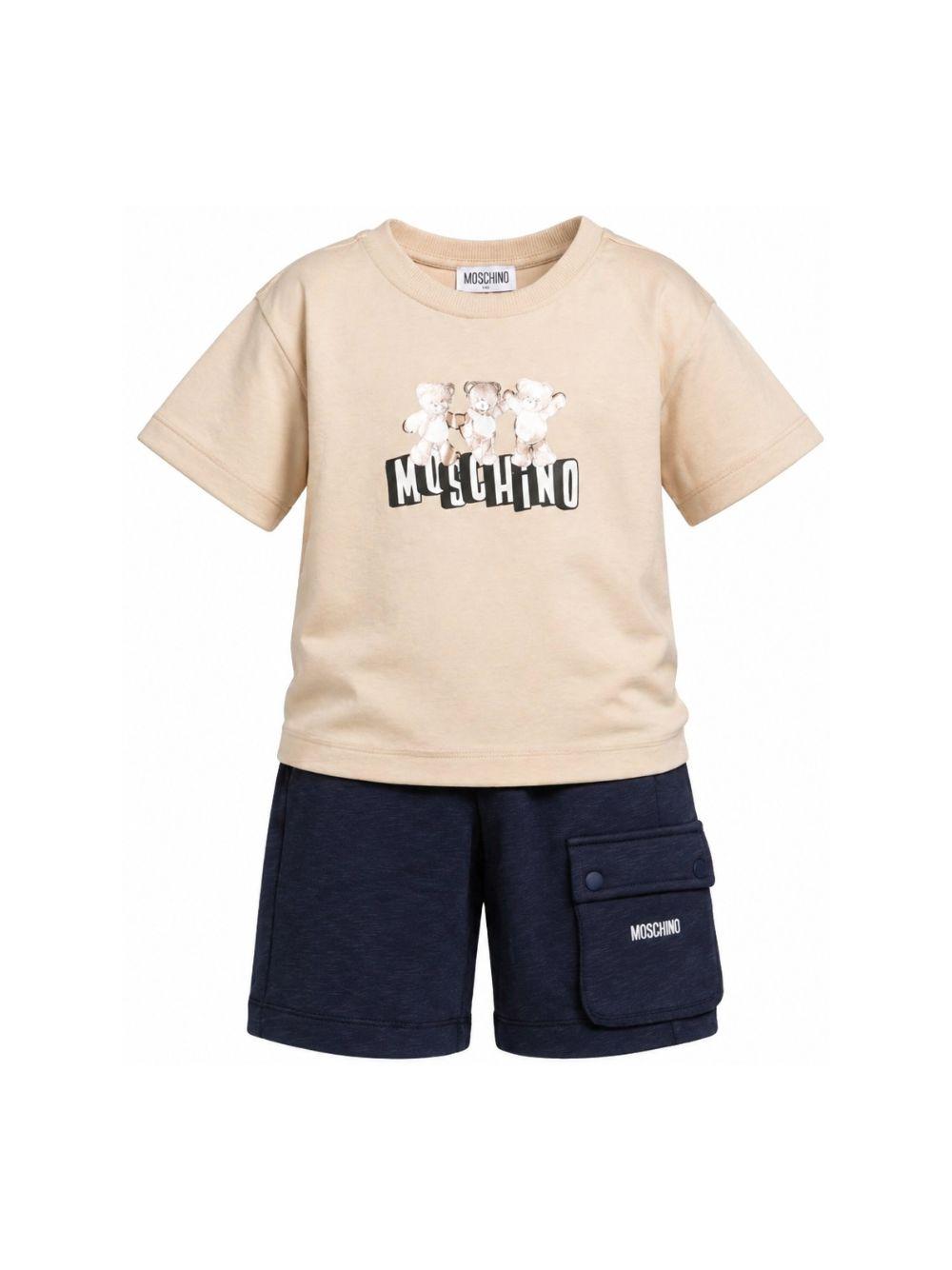 Set t-shirt e shorts per bambino Moschino Kids beige e blu con tasche cargo HUG00WLCA88 83700 MOSCHINO KIDS