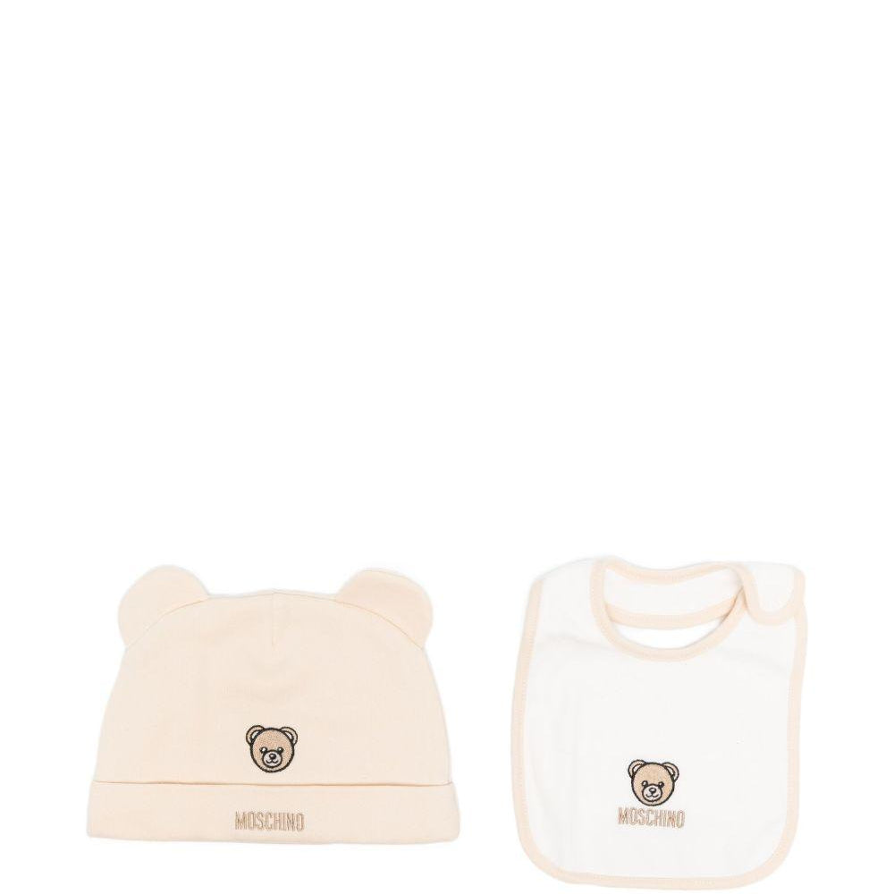 Set bavaglino con cappello per neonati Moschino Kids beige con ricamo di orsacchiotto MUY08OLCA60 20404 MOSCHINO KIDS