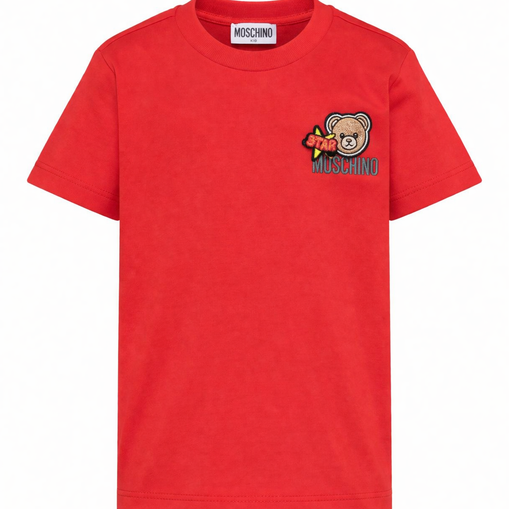 T-shirt per bambini Moschino Kids rossa con ricamo Teddy Bear HTM058LAA24 50109 MOSCHINO KIDS