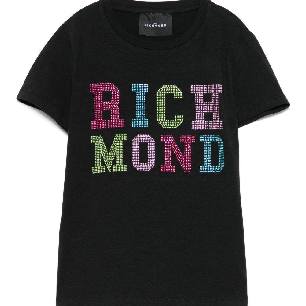 T-shirt per bambina John Richmond Junior nero con logo e orlo dritto RGP25205TS BLACK JOHN RICHMOND JUNIOR