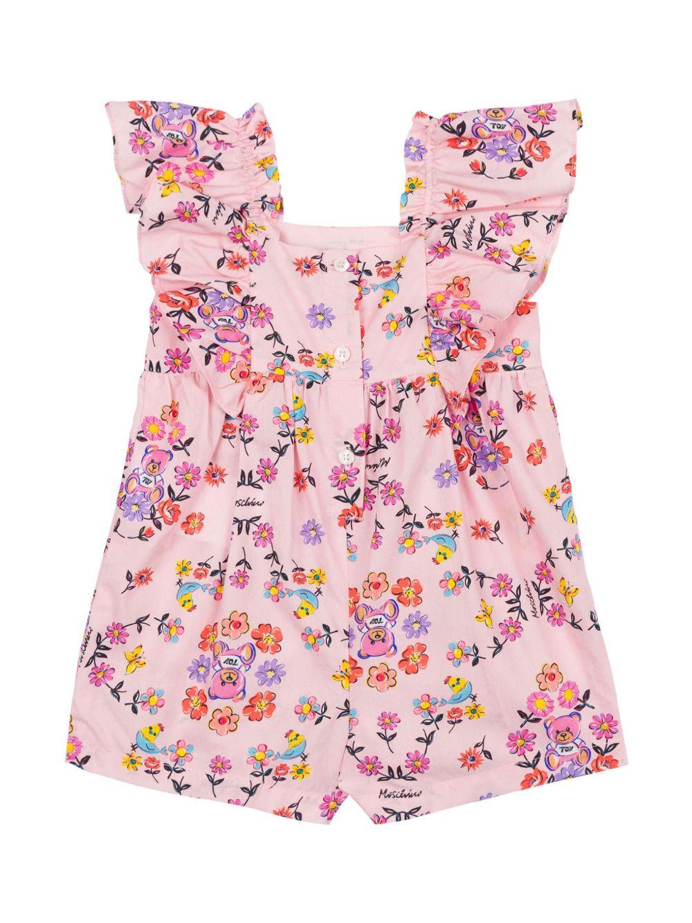 Tutina a fiori per neonata Moschino Kids rosa con scollo quadrato MDT019LLB42 83440 MOSCHINO KIDS