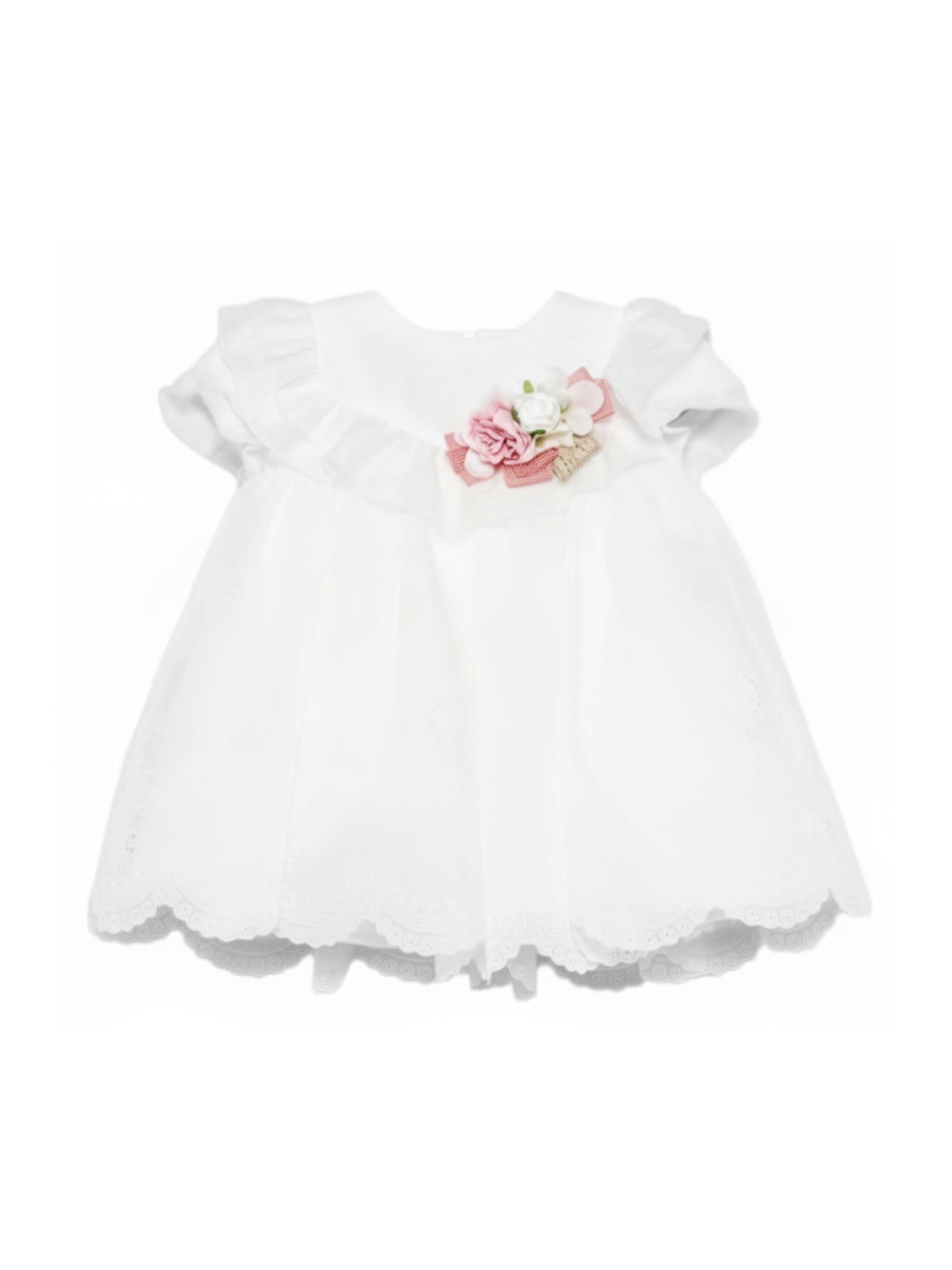 Abito per neonata Colorichiari bianco con ruches e applicazioni floreali FN108232 4958 15 COLORICHIARI