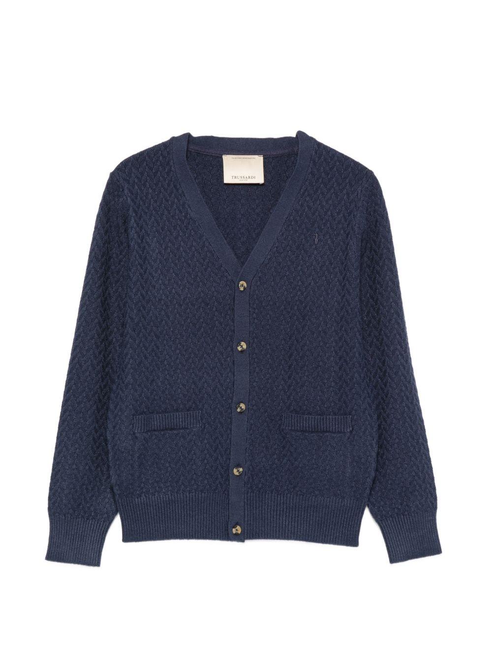 Cardigan per bambino Trussardi Kids blu con lavorazione a maglia intrecciata TBA26059CD BLUE NAVAL TRUSSARDI KIDS