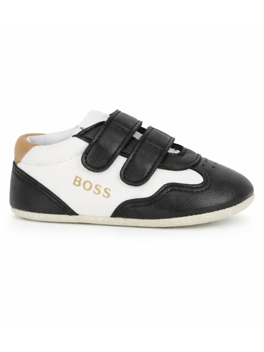 Scarpine primi passi per neonato Boss Kids bianche e nere con design a inserti J53243 09B BOSS KIDS