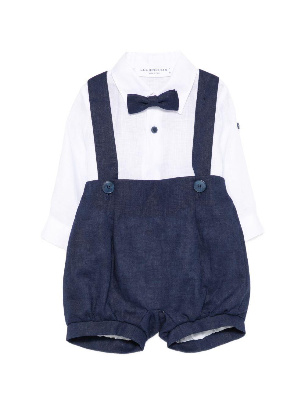 Set camicia e salopette per neonato Colorichiari bianco e blu con fiocco (3 pezzi) MN308409 4917 60 COLORICHIARI KIDS
