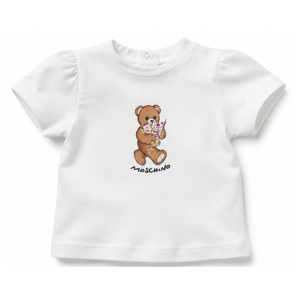 T-shirt per neonata Moschino Kids bianca con stampa orsetto MDM03NLAA02 10101 MOSCHINO KIDS