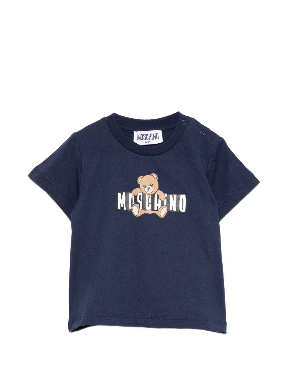 T-shirt per neonati Moschino Kids blu con logo sul davanti MUM04PLAA03 40016 MOSCHINO KIDS