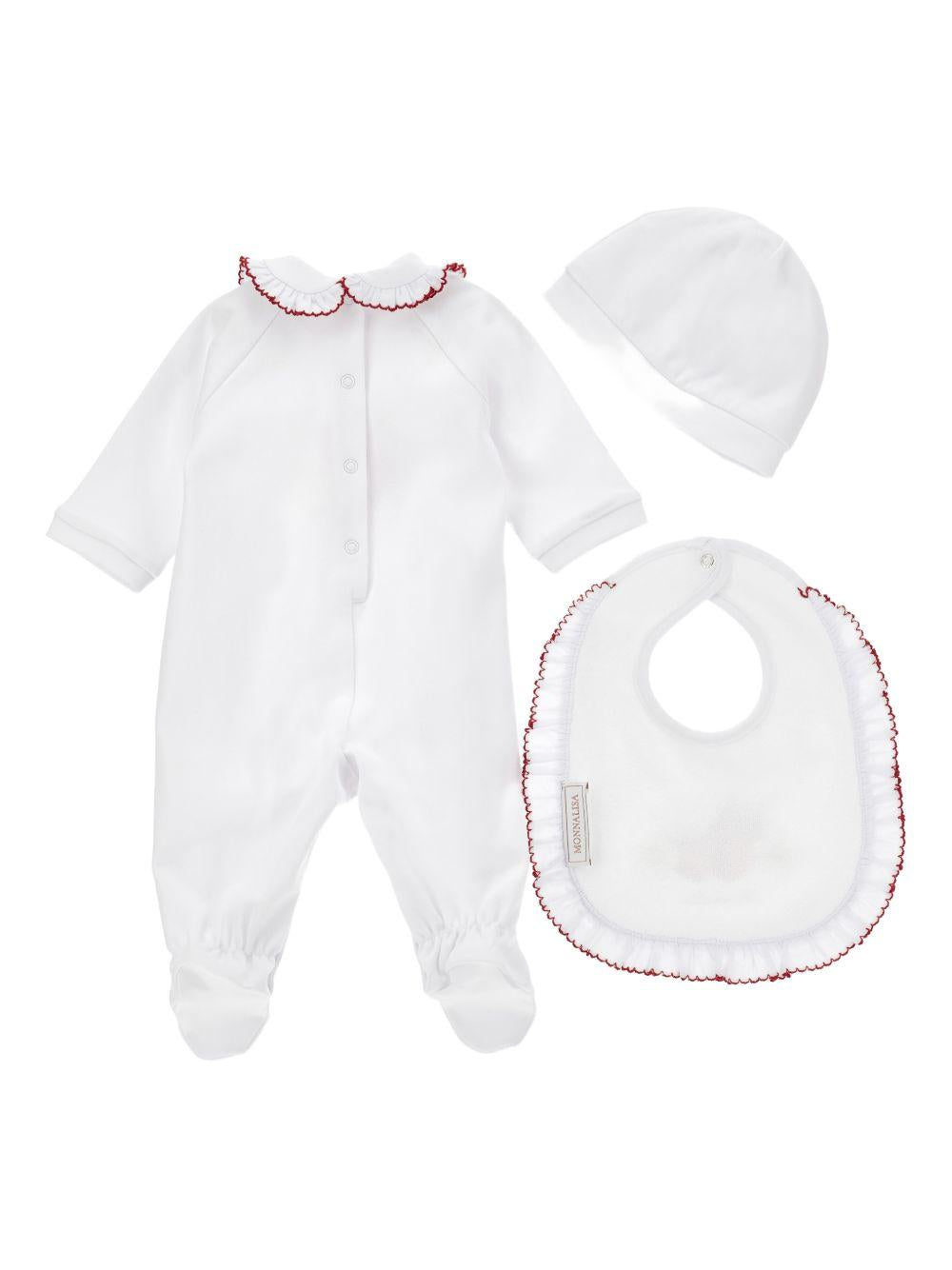 Set tutina bavaglino e cappellino per neonata Monnalisa bianco con stampa fragola 35G514 7084 0099 MONNALISA KIDS