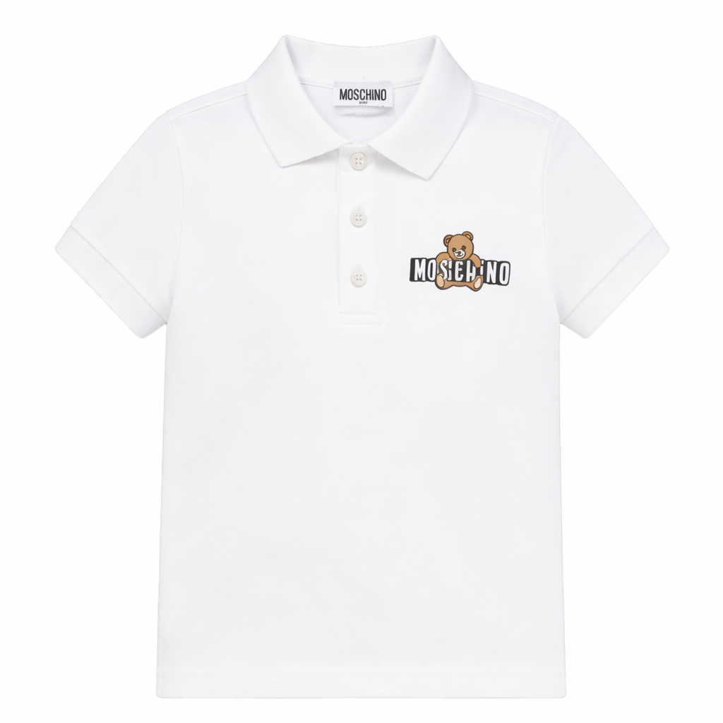 Polo da bambino Moschino Kids bianca con stampa orsacchiotto HSM03YLFA09 10101 MOSCHINO KIDS